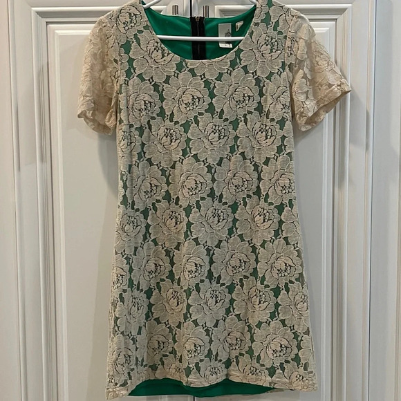 anthropology Dresses & Skirts - Francesca’s Collection Birdcage Stretch Lace Shift Dress Large Beige Gre…